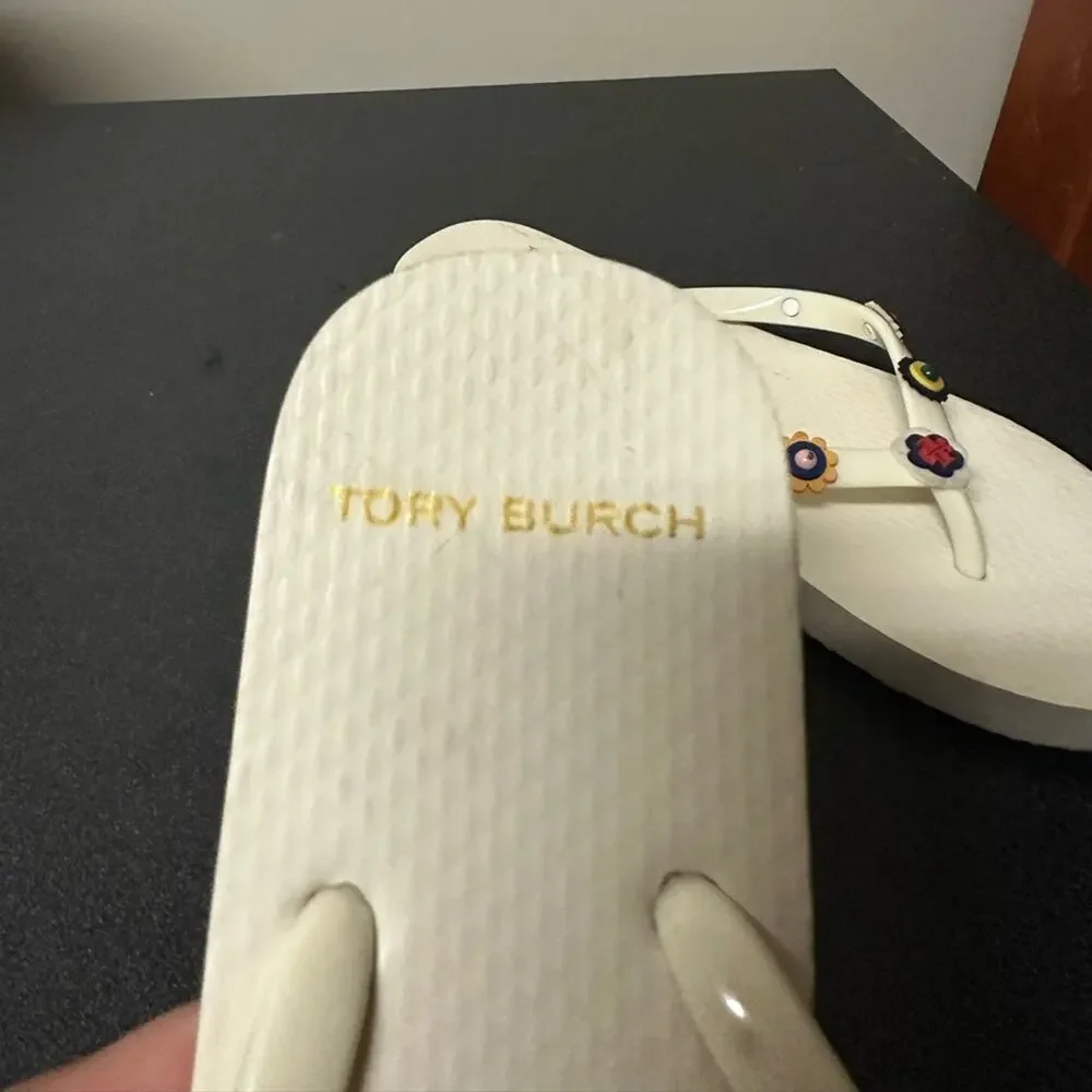 Tory Burch Marguerite Embellished Flower Flip Flops Ivory Size 5 Pool Sandals